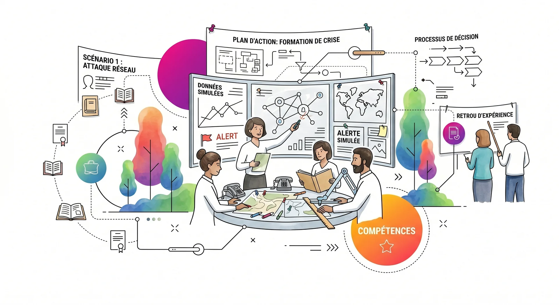 Agence indépendante dédiée à la défense des dirigeants exposés Illustration formation gestion de crise montrant équipe en simulation d'alerte, données, processus décision et retour d'expérience